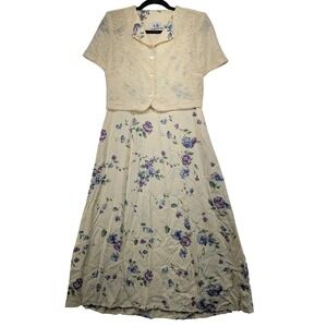 Vintage Los Angeles Gal 90s Floral Maxi Dress & Knit Jacket 2pc Set Cream Size 8